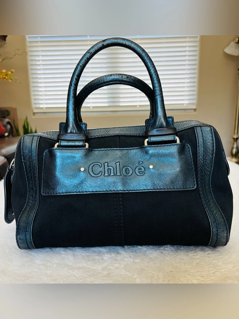 Chloe Metallic Blue Leather Black Canvas Handbag/Duffle Bag 12”x8”x7”